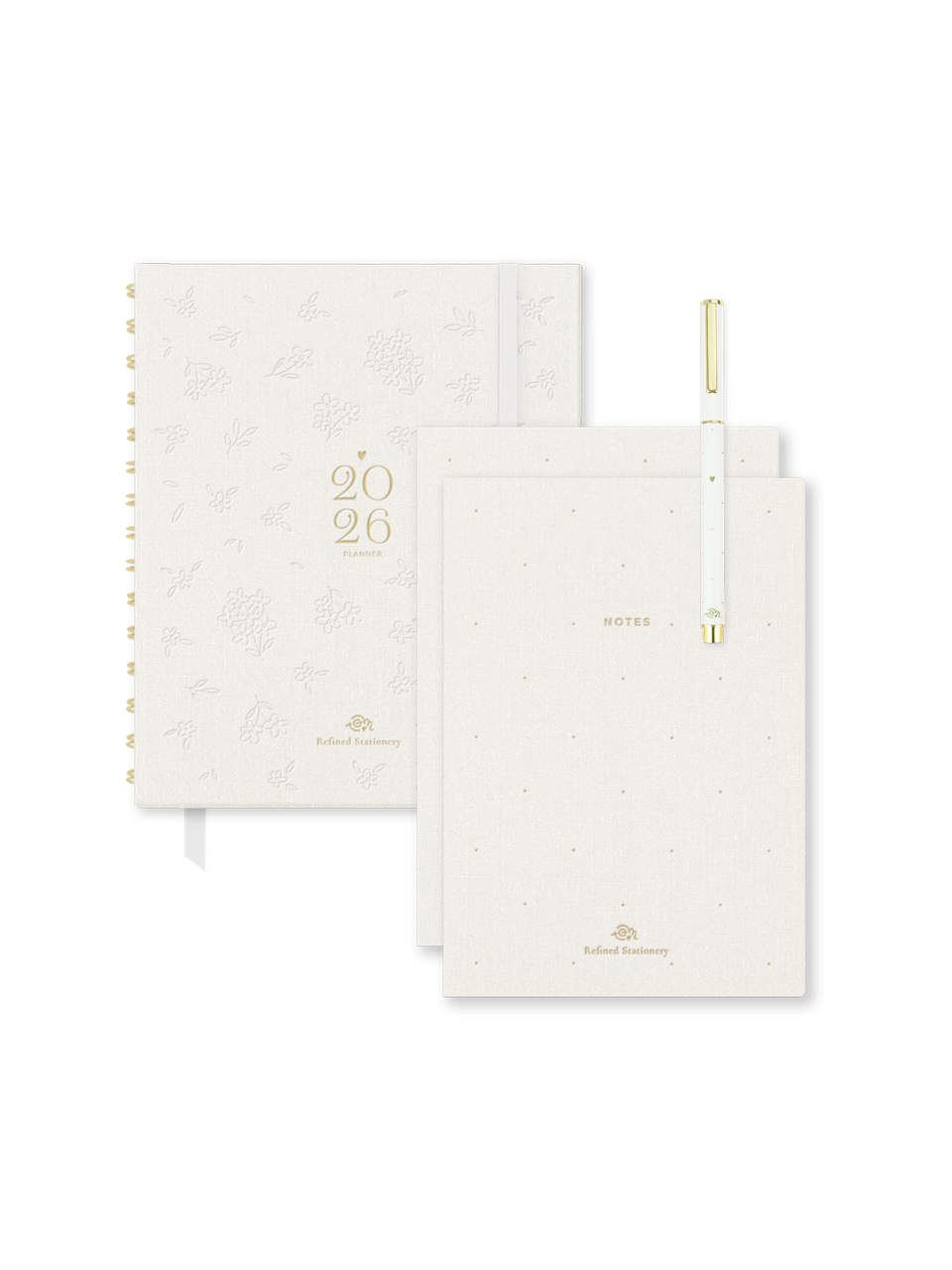 set de papelería con agenda en blanco, libretas y boli