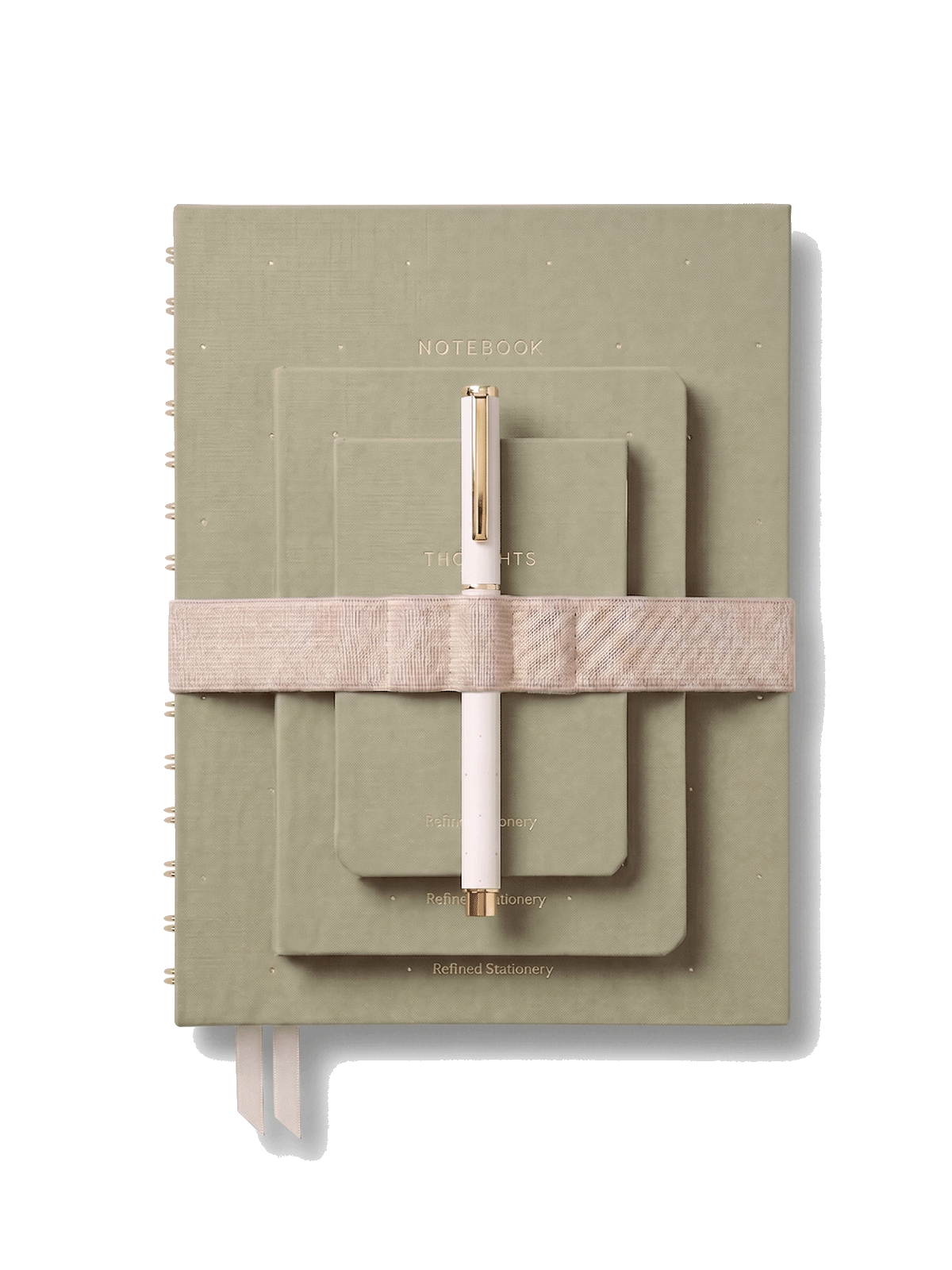 set de cuadernos entelados en color verde sage con goma de cierre y boli de gel